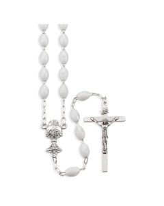 Oval White Communion Plastic Bead Rosary