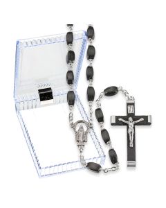 Black Wood Bead Rosary in a Hinged Plastic Box
