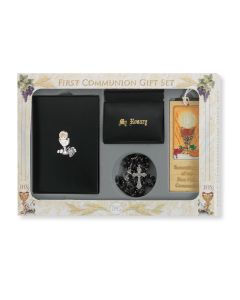 6pc. Black Blessed Trinity Missal with Silver Finish Communion Symbol Gift Set -P65