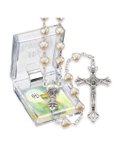 5mm Cream Pearlized Heart Shaped Glass Bead Rosary with Crucifix and a Chalice Center. Boxed 19"