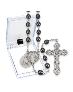 Black Wood Bead Rosary with Mystery Center in a Hinged Plastic Box 