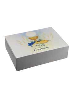8 1/4" x 6" x 2 1/4" First Holy Communion Keepsake Box with Pearlized Finished. Features Magnetic Closure Satin Lined Pull out Drawer.