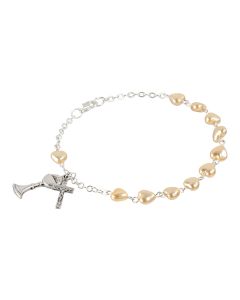 6mm Imitation Pearl Heart Shaped Bead Rosary Bracelet with Chalice and Cross