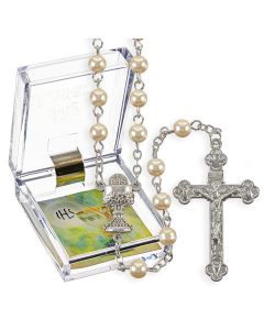 White Pearl Bead Communion Rosary, Boxed