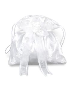 White Brocade First Communion Purse with Box and Cord Closure
