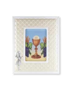 8" x 10" Standing Communion Girl Figure with White Synthetic Leather Picture Frame for 4" x 6" Photos