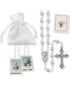 5mm Capped White Imitation Pearl Rosary Girls First Communion Set