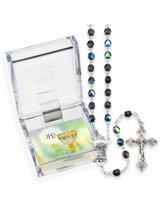 Black Aurora Borealis Bead Communion Rosary, Boxed
