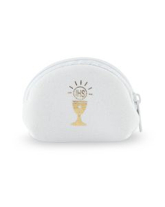 2" x 3" Soft White Communion Neoprene Rosary Case Stamped with Gold Communion Symbol