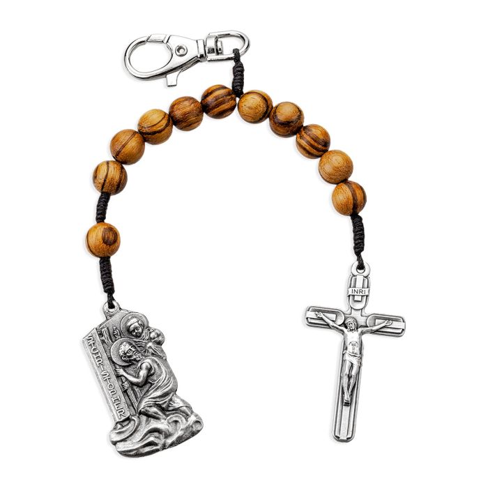 St. Christopher One Decade 10mm Wood Prayer Bead on Black Cord